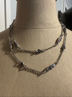 Brighton Oak Brook Silver Necklace 19’ Long antiqued floral Hearts Retired
